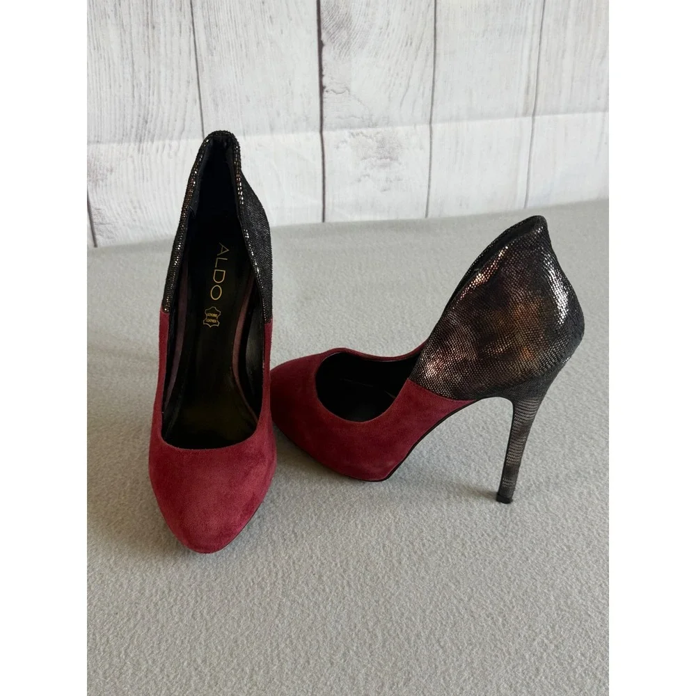 Aldo Burgundy Suede Metallic Snake Embossed Platform Pumps Stiletto Heels 38